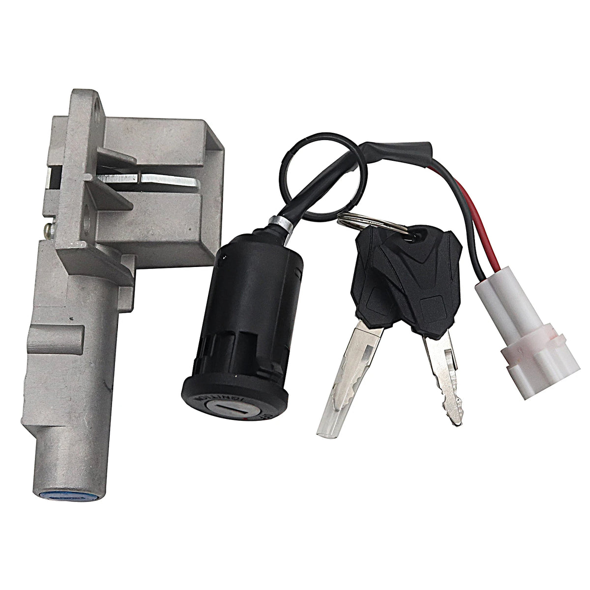 A replacement motorcycle or electric lock cylinder assembly with a silver metal body, black cylindrical lock body, two keys, and a red-and-white wire connector, shown on a plain white background.