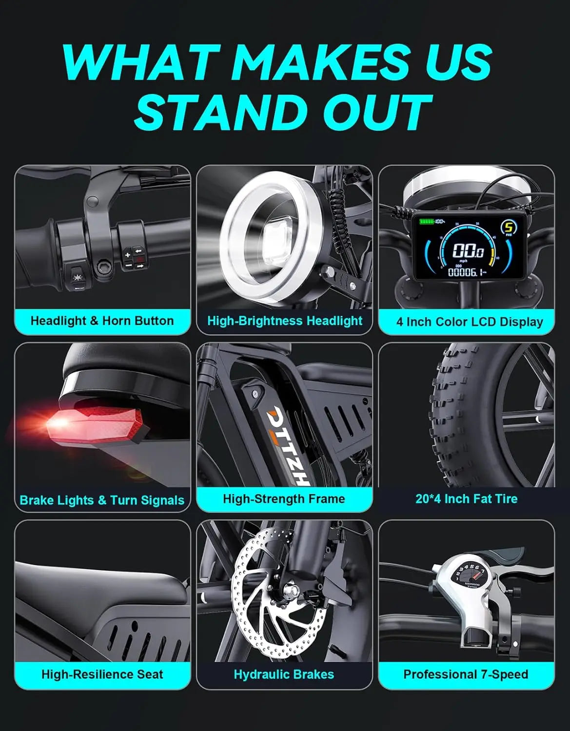 Features of a motorcycle or scooter displayed with text highlighting what makes it stand out.