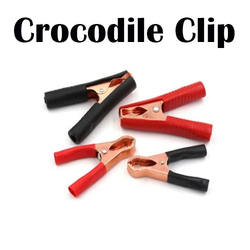 Four crocodile clips, two red and two black, on a white background with 'Crocodile Clip' text.