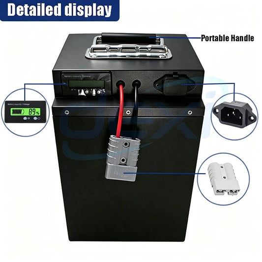 Black portable battery with a handle and digital display, shown with callout labels pointing to the display, portable handle, IEC socket, and USB output, on a white background.