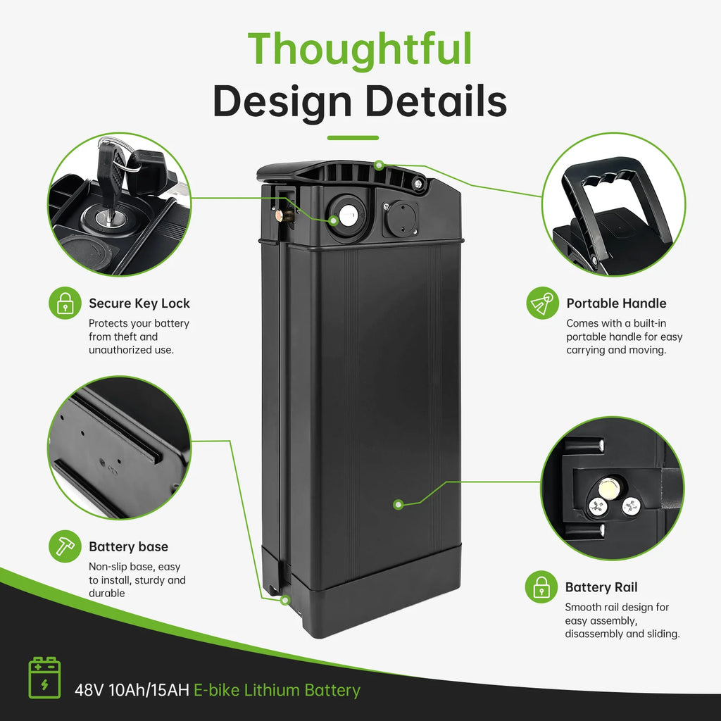 A promotional infographic for a 48V 10Ah 15AH e-bike lithium battery, showing the black battery with callout circles highlighting features like a secure key lock, portable handle, battery base, and battery roll, under the heading 'Thoughtful Design Details'.