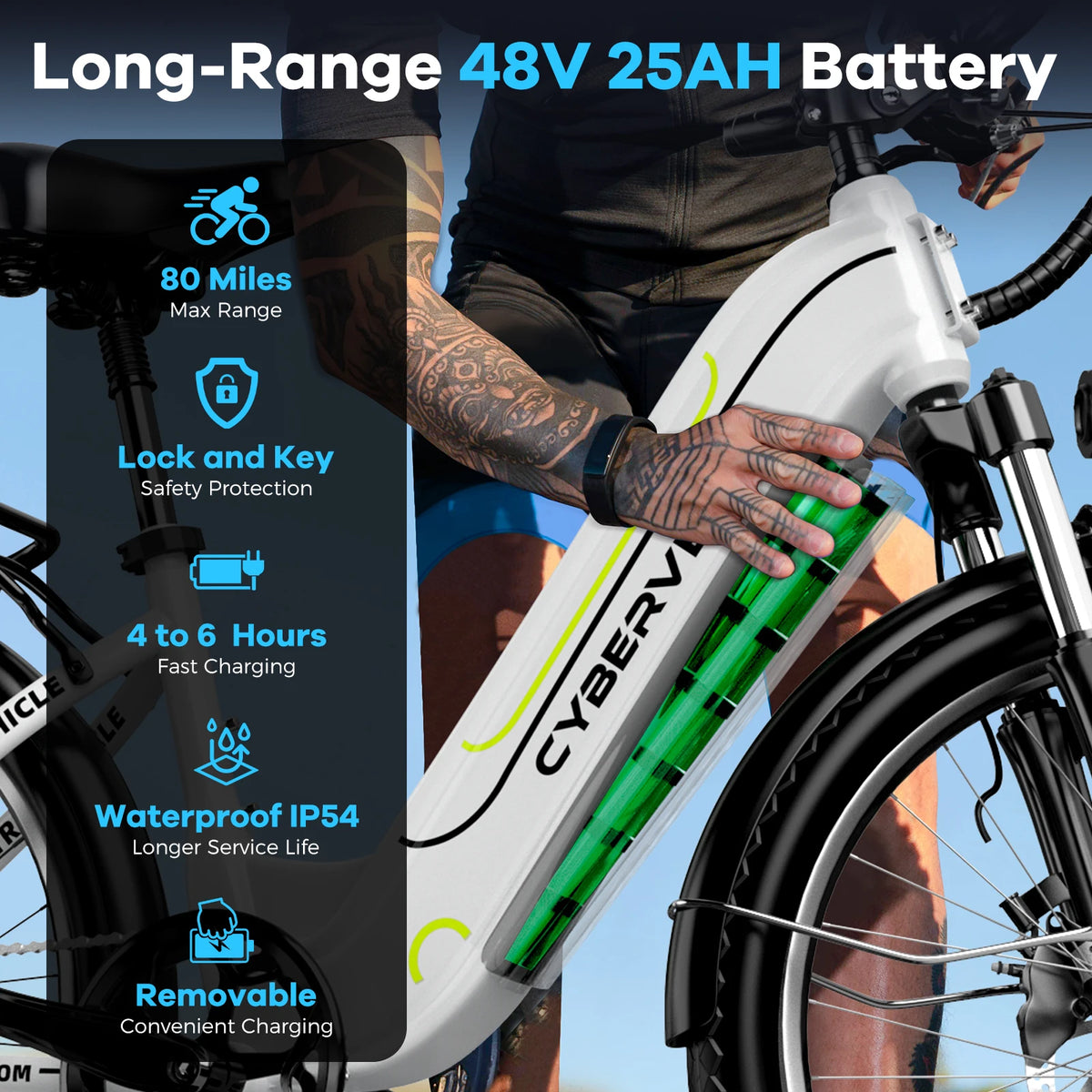 Electric bike with a person holding it, featuring battery specifications on a dark background.