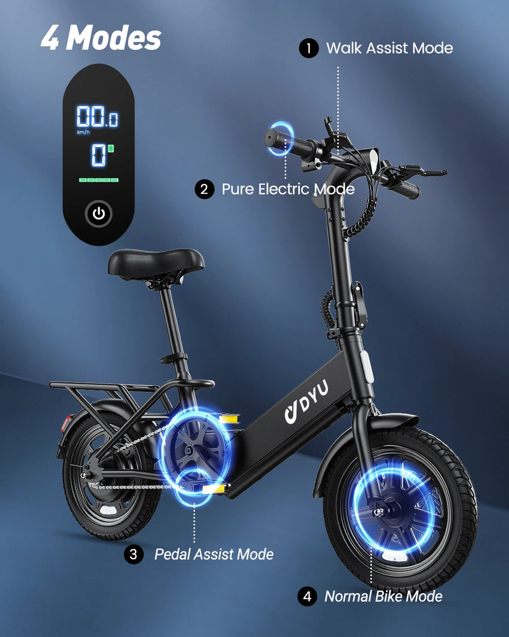 Electric bike with mode indicators on a blue background
