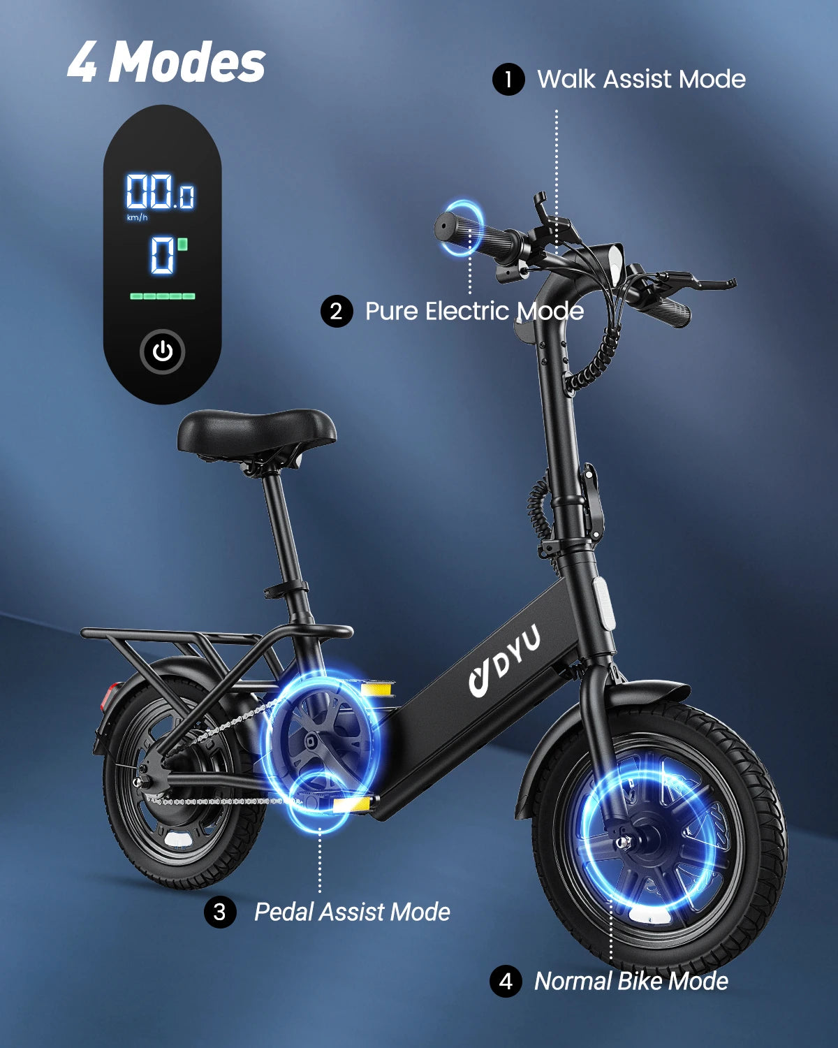 Electric bike with mode indicators on a blue background