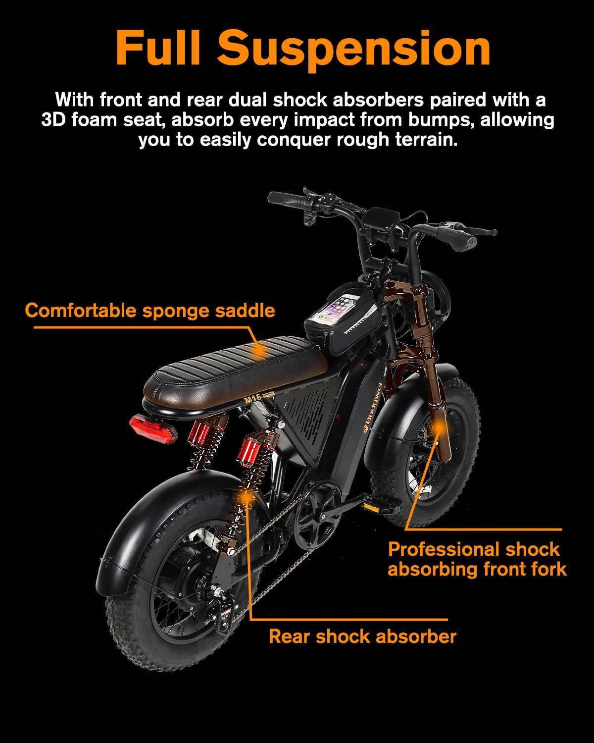 An electric moped/bike shown on a black background with marketing text and callout labels explaining suspension and seat features. The bike is predominantly black with brown/tan frame elements and small red accents.