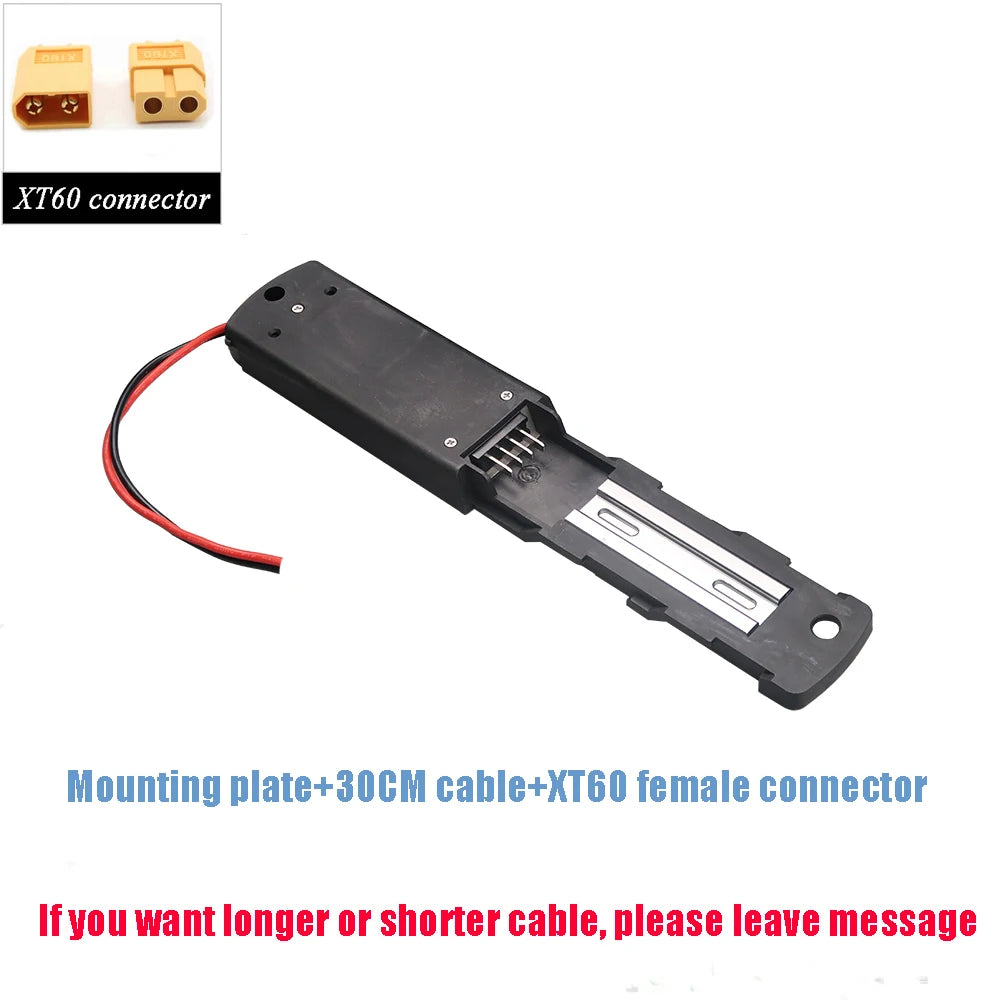 Black plastic battery charger or power adapter with a red and black wire, shown on a white background with text describing included parts and a small inset showing XT60 connector male and female ends.