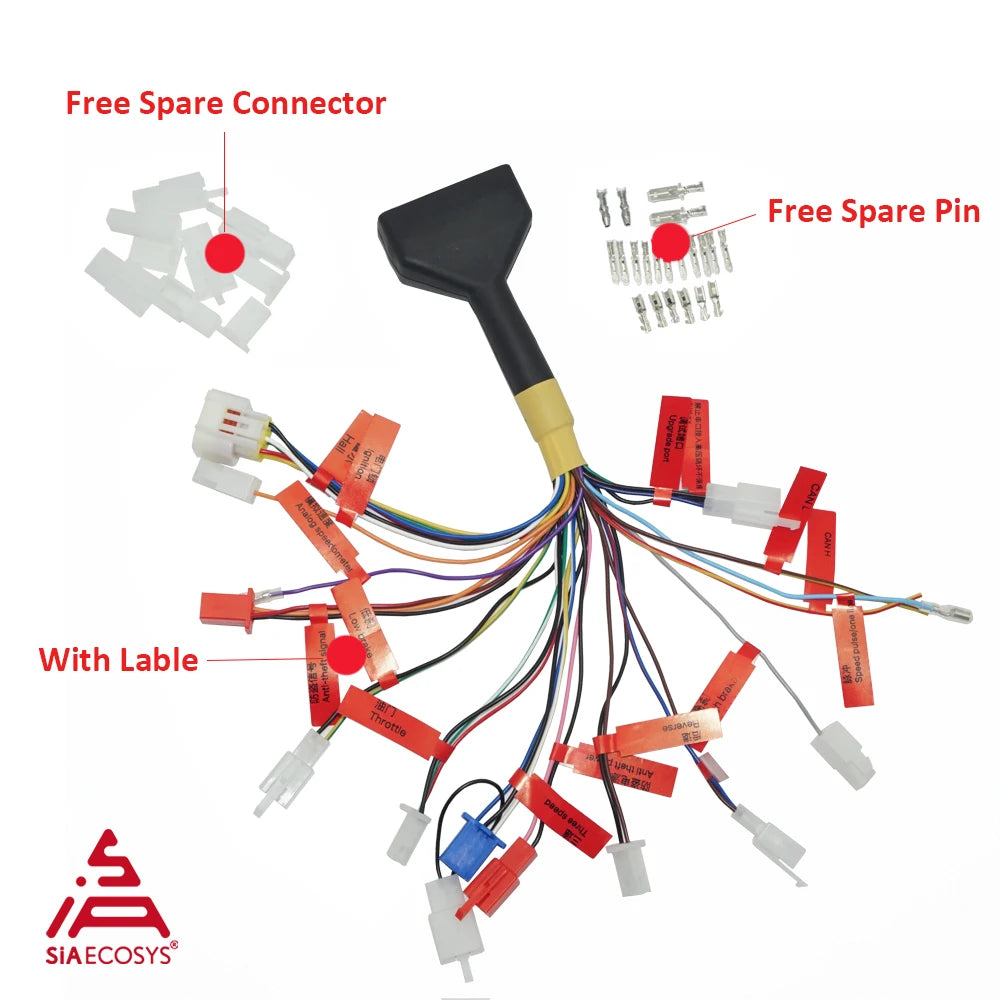Wiring harness with connectors and labels on a white background, featuring the SIAECOSYS logo.