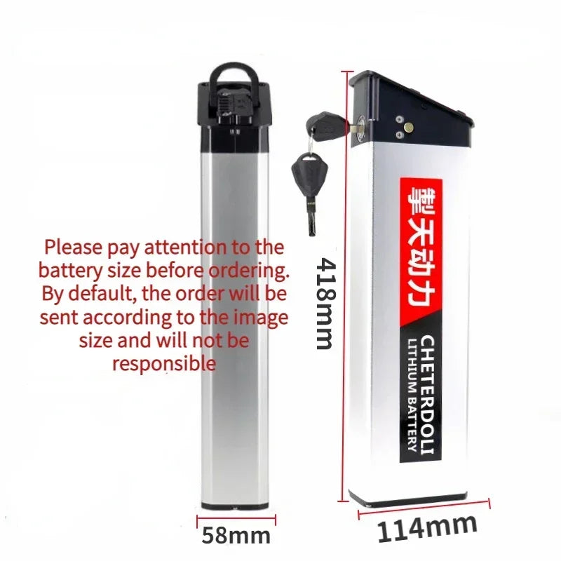 A cylindrical electric bicycle battery shown on a white background with red dimension lines and text indicating height 418mm, width 114mm, and diameter 58mm. The battery is mostly silver and black with a red and black vertical label reading CHETERDOL and Chinese characters.