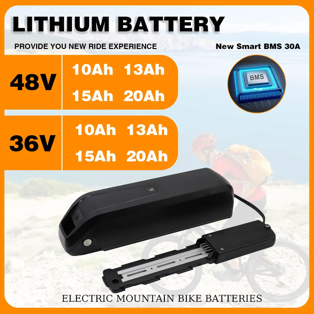 Lithium battery for electric mountain bikes with specifications on an orange and white background.