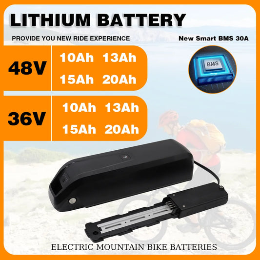 Lithium battery for electric mountain bikes with specifications on an orange and white background.