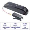 Black rectangular lithium-ion battery pack with attached red and black cable connector, shown alongside a black power adapter on a white background. A specification table at the bottom lists 48V voltage, 7.