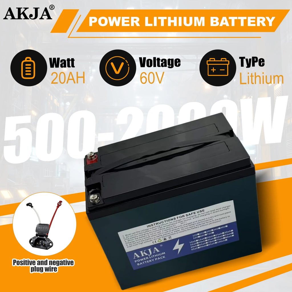 AKJA Power Lithium Battery 60V 20AH black rectangular battery with a blue and white label, shown on a white and orange graphic background with feature icons and text.