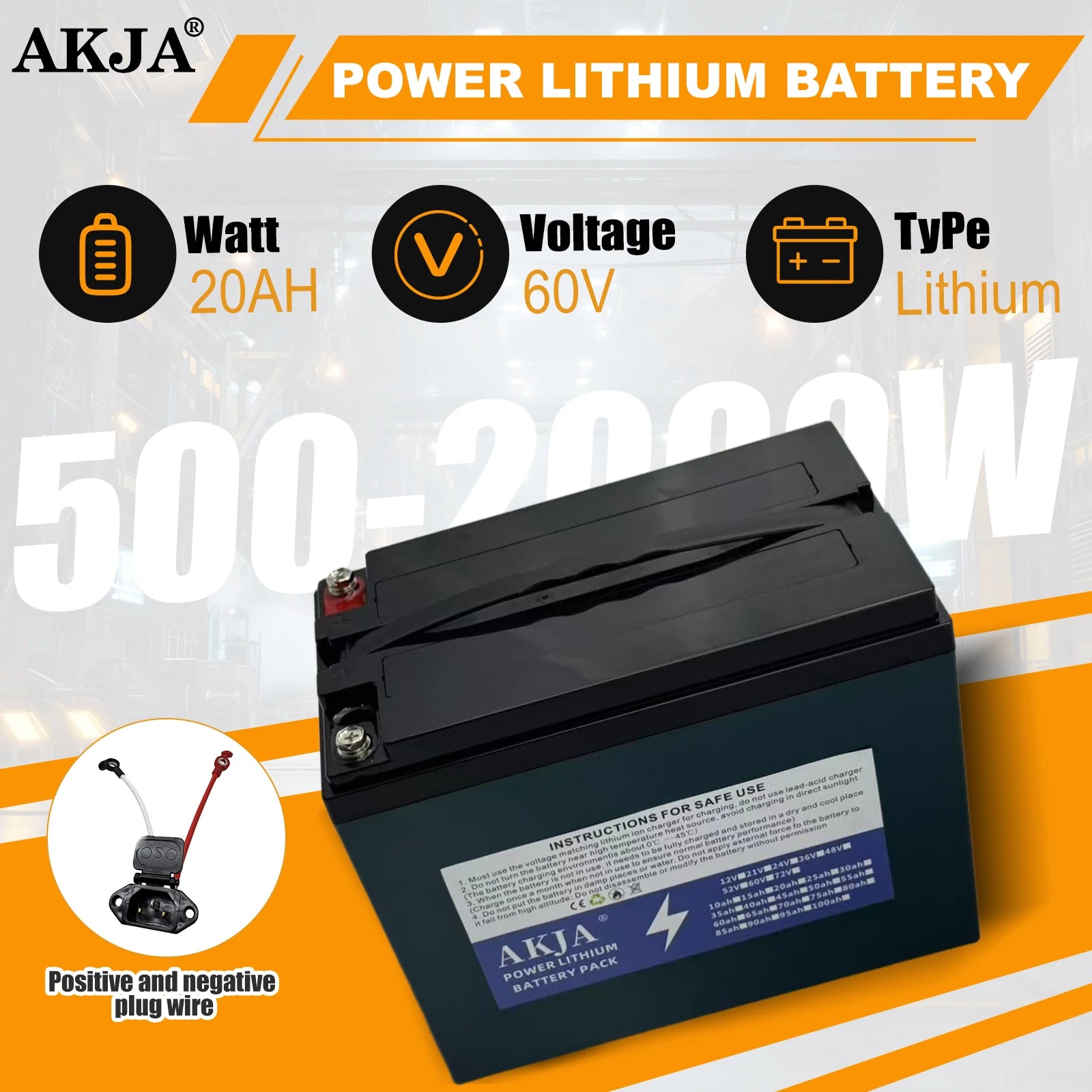 AKJA Power Lithium Battery 60V 20AH black rectangular battery with a blue and white label, shown on a white and orange graphic background with feature icons and text.