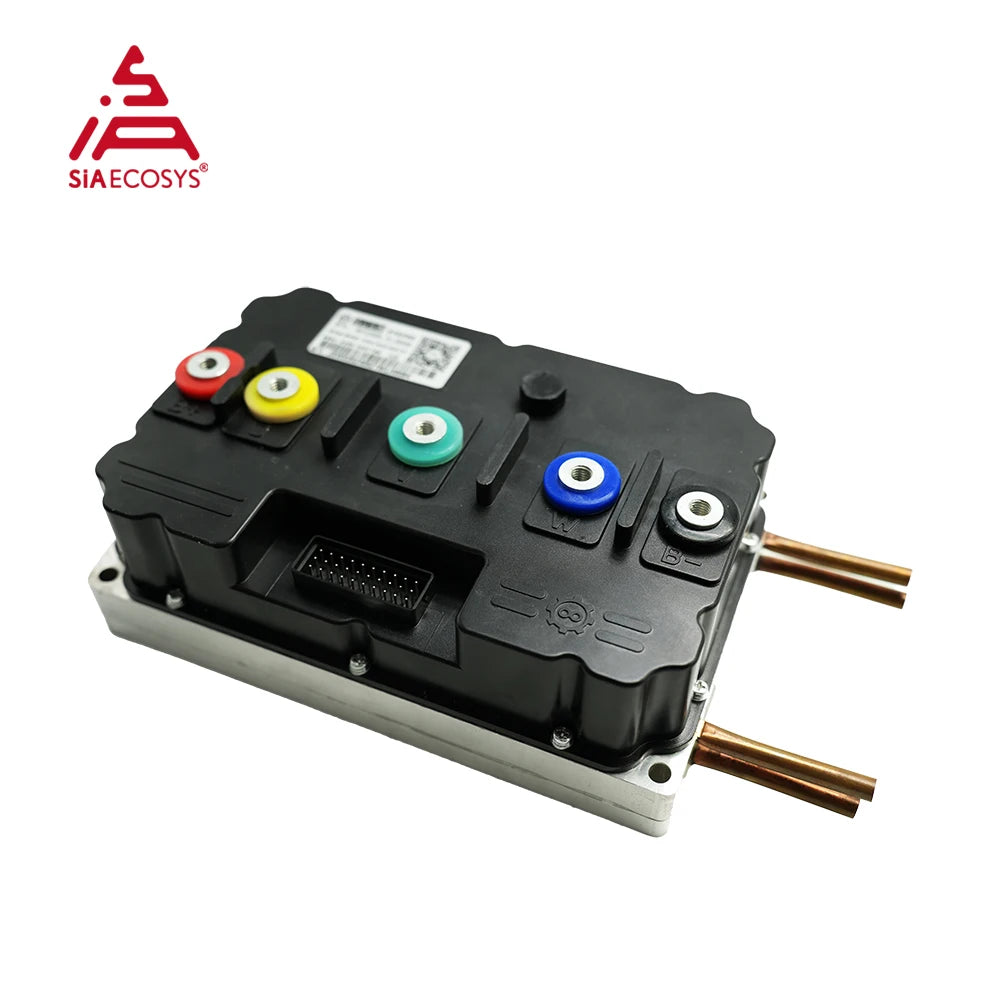 SIAECOSYS industrial motor drive module with a black plastic casing, copper heat pipes, and colored terminal connectors on a white background.