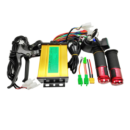 A motorcycle or e-bike handlebar control kit on a white background, featuring a black throttle and brake lever, a yellow metal controller box with a green label, a black ignition key, two black-and-red handlebar grips, and various wiring connectors and wires.