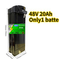 A 48V 20Ah lithium-ion battery shown upright on a white background with overlaid dimension lines and large yellow text reading '48V 20Ah Only1 batte'. The battery is black with a green and white label and a small key attached near the top.