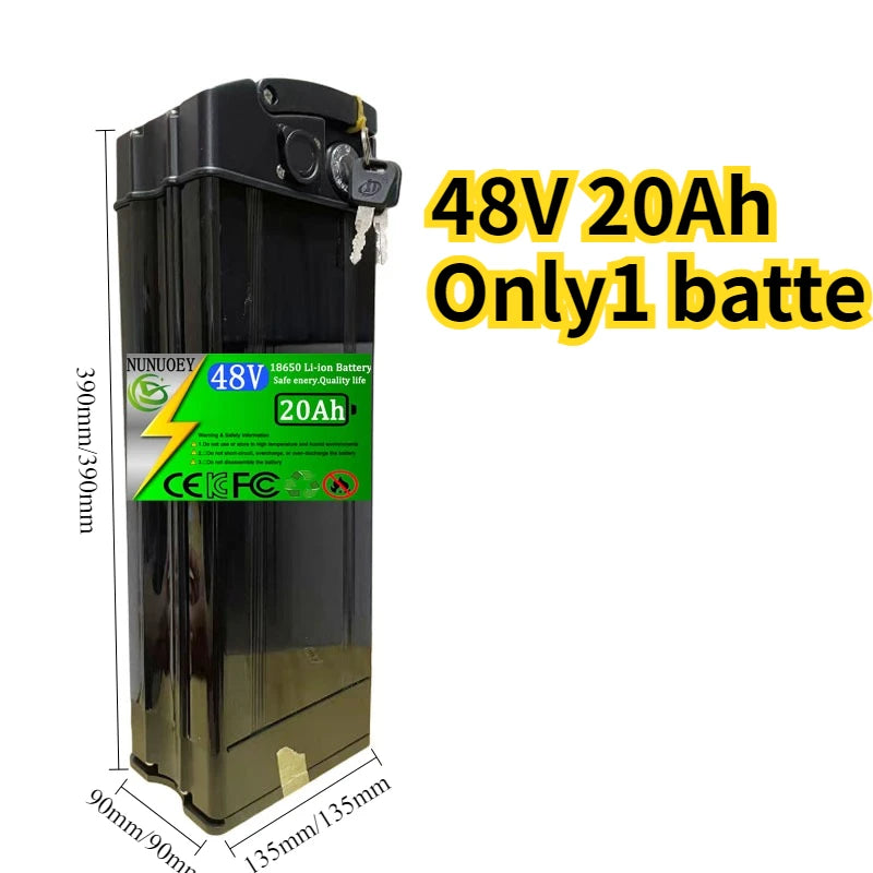 A 48V 20Ah lithium-ion battery shown upright on a white background with overlaid dimension lines and large yellow text reading '48V 20Ah Only1 batte'. The battery is black with a green and white label and a small key attached near the top.