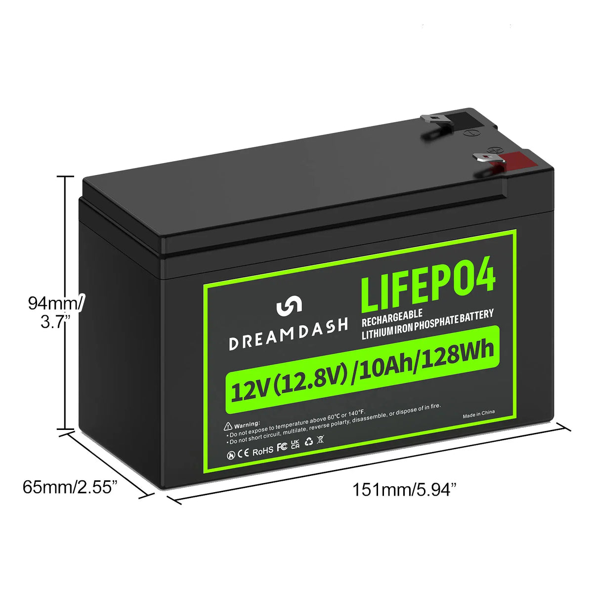 Black Dreamdash Lifep04 12V 10Ah 128Wh rechargeable lithium iron phosphate battery with green and white label, showing dimension lines of 151mm length, 94mm height, and 65mm width on a white background.