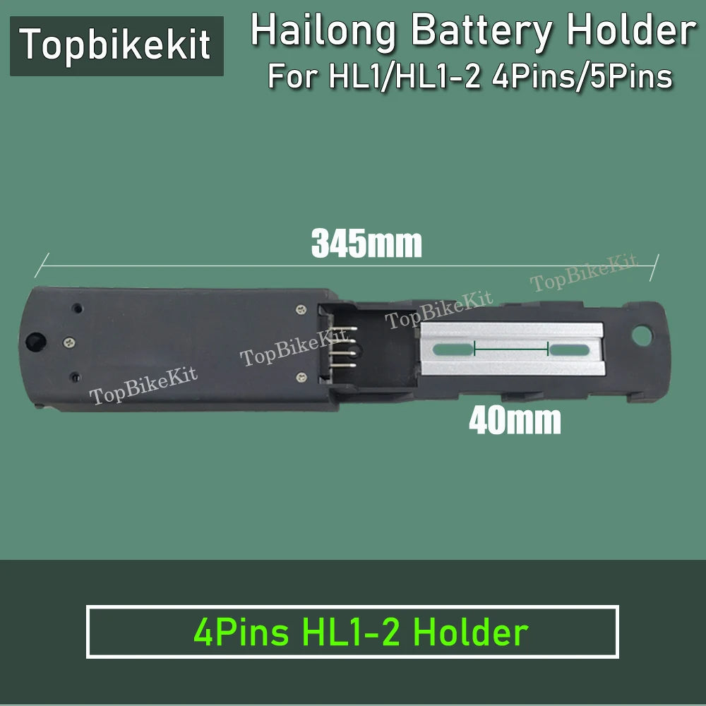 A black battery holder for HL1/HL1-2 4-pin 5-pin connectors, shown with dimension labels of 345mm and 40mm on a green background with text overlays.