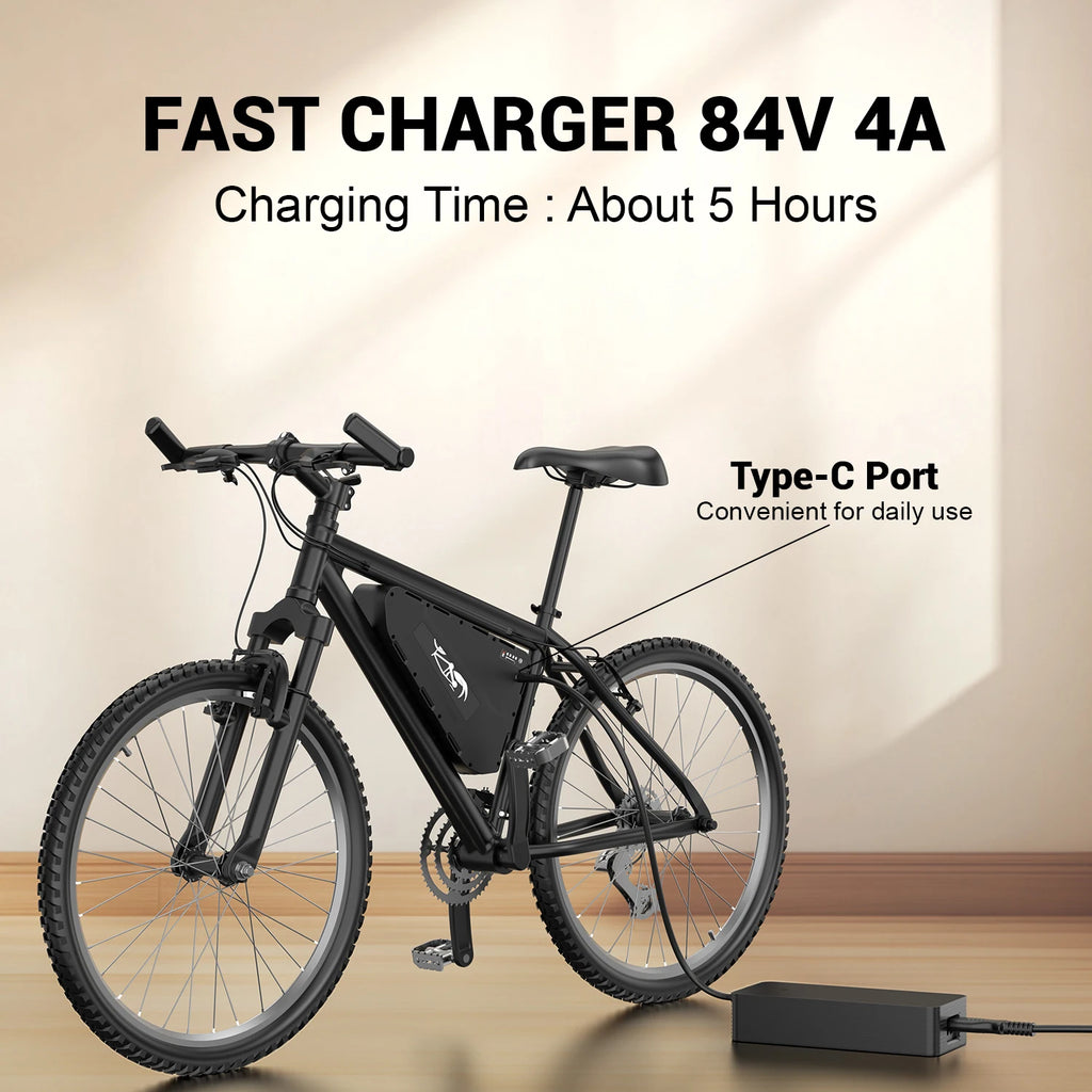 Electric bicycle with battery pack and fast charger on a wooden floor.