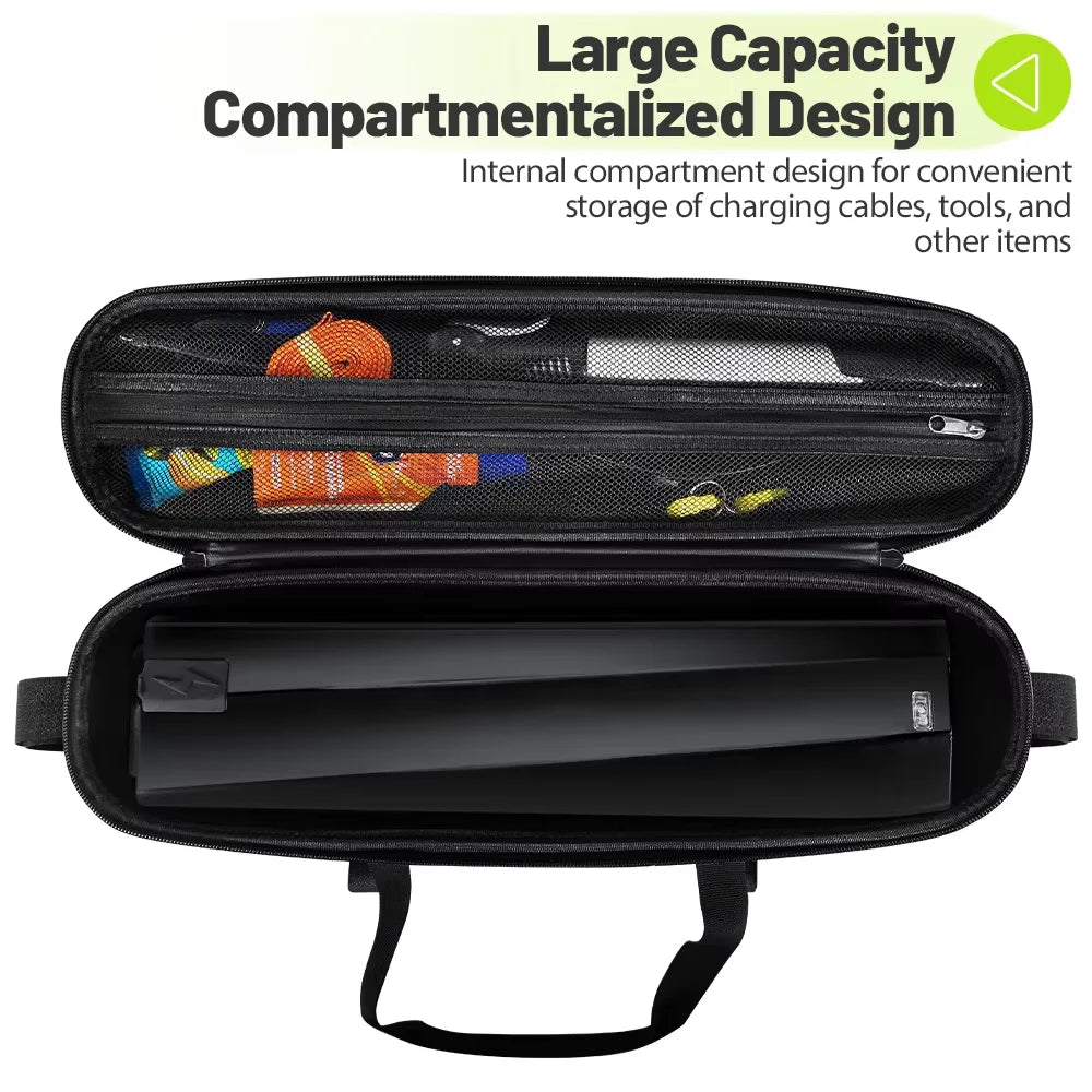 An open black hard-shell laptop bag with a large compartmentalized interior, shown on a white background with promotional text at the top about large capacity and internal storage.
