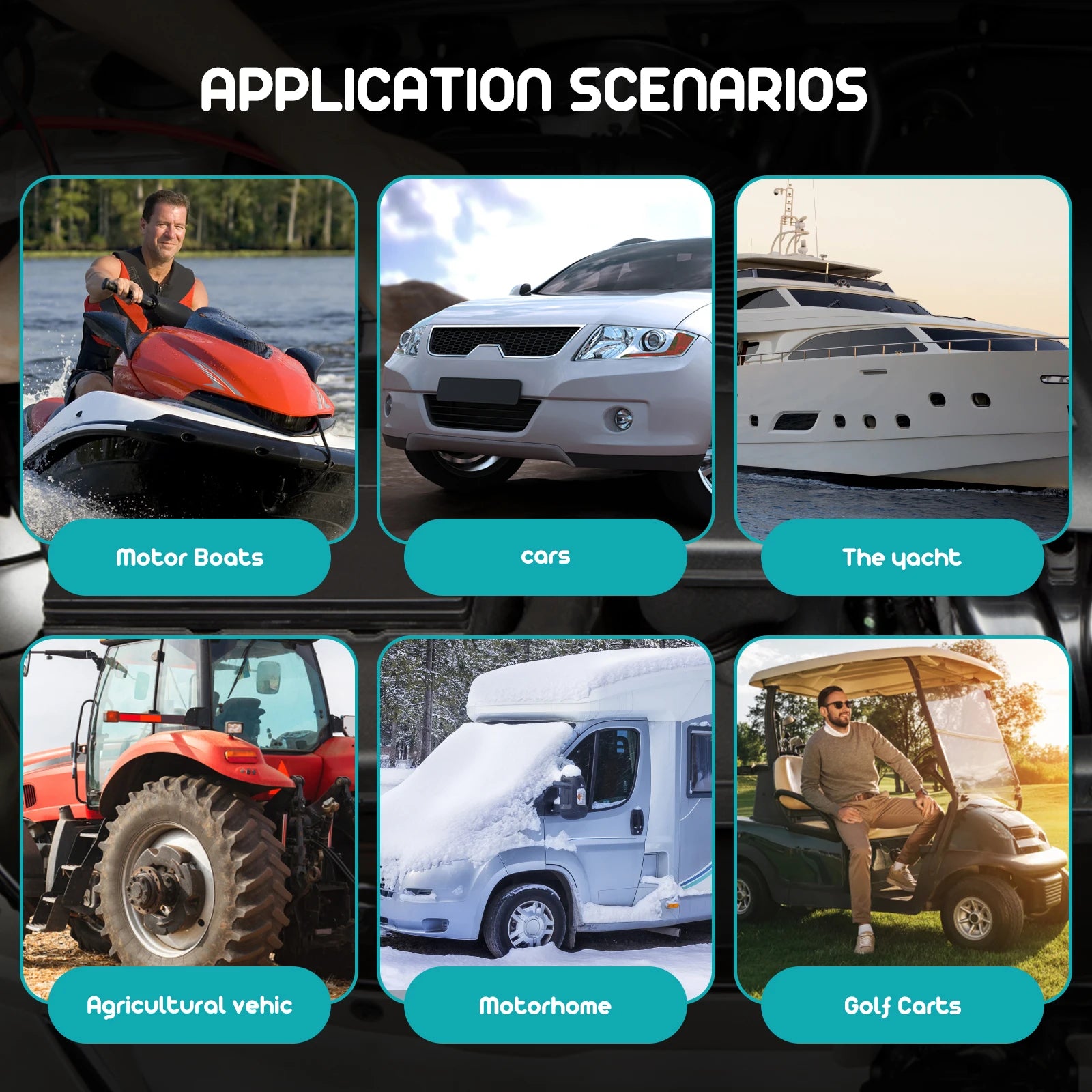 Application scenarios including motor boats, cars, yachts, agricultural vehicles, motorhomes, and golf carts.