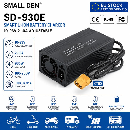 A small rectangular black smart lithium-ion battery charger labeled SMALL DEN SD-930E, shown on a white background with feature icons, EU stock badges, and a blue infographic strip at the bottom. The charger has a black casing, cooling fan, attached power cord, and a gold-toned XT60 output plug.
