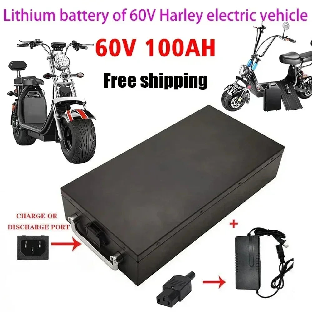 Lithium battery pack for 60V Harley electric vehicle with scooter images and charging details.