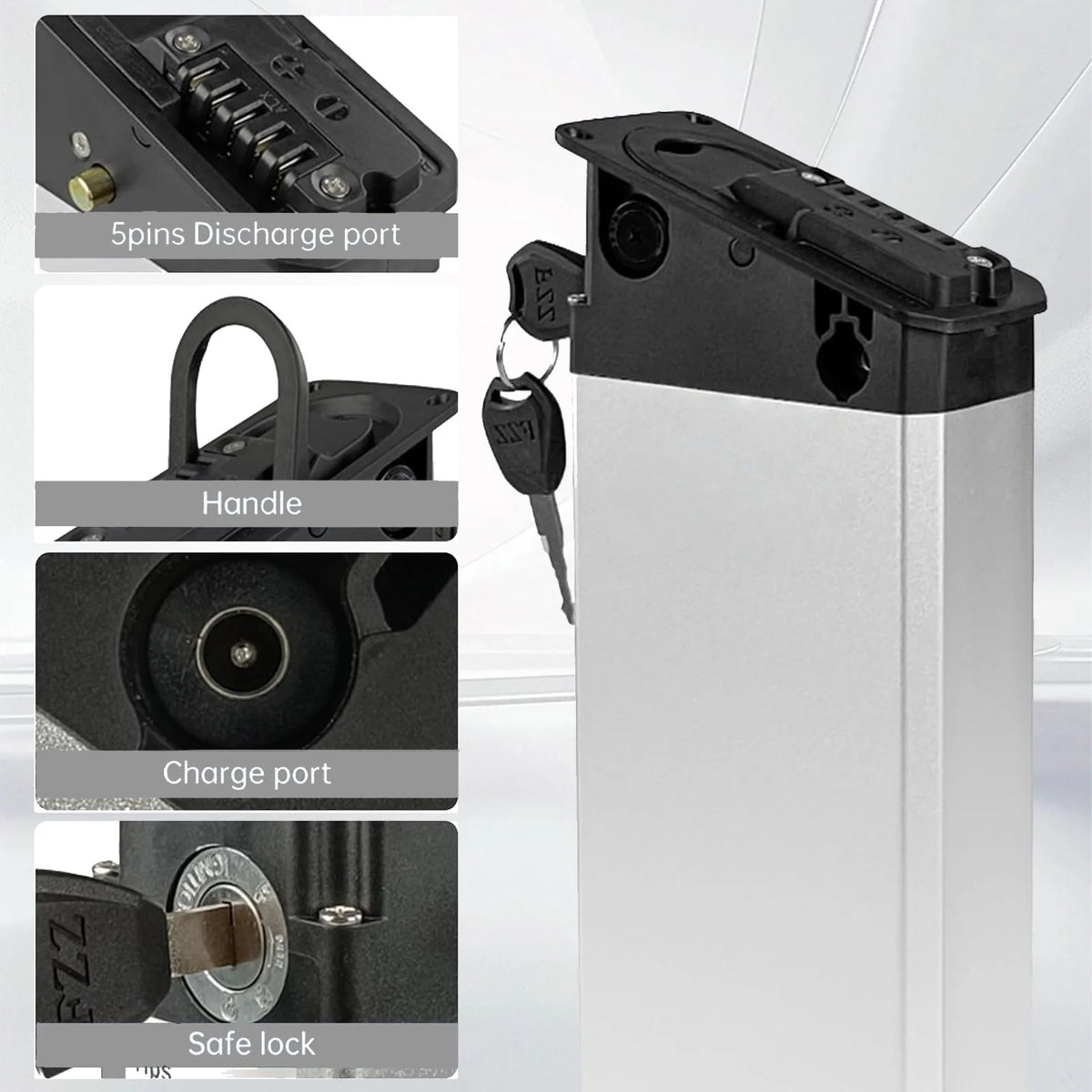 A tall rectangular silver and black battery unit shown on a light gray background, with four inset detail callouts labeled for the 5pins discharge port, handle, charge port, and safe lock.