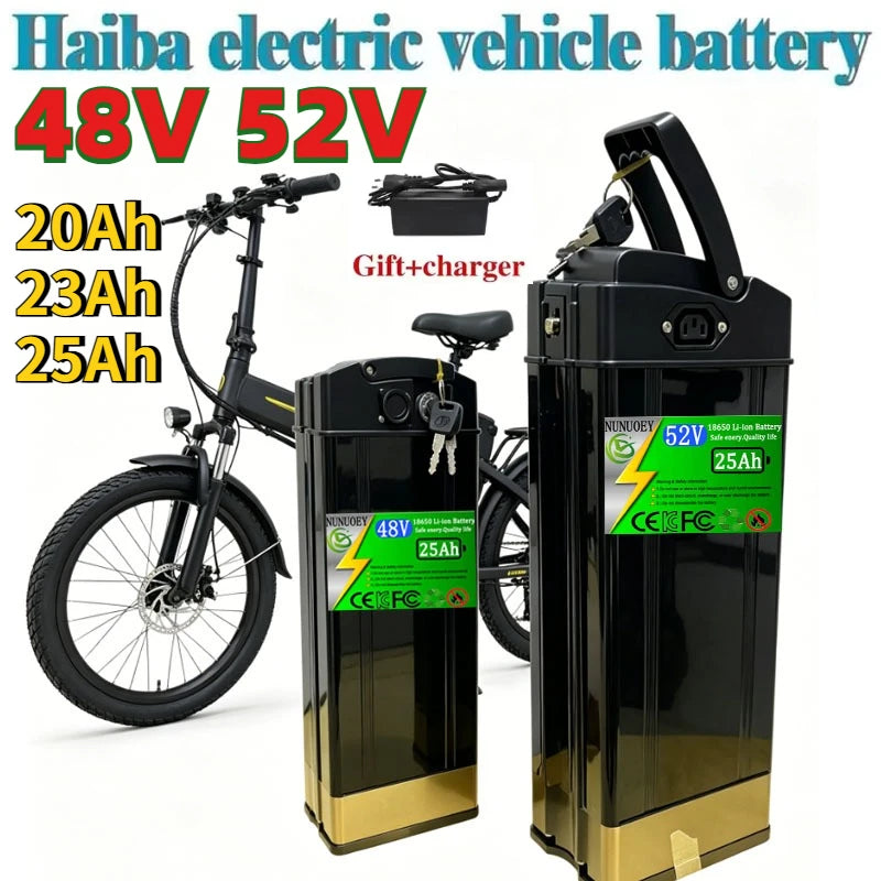 Haiba electric vehicle battery set including two black 48V and 52V 25Ah batteries with gold-colored bases, a small black charger, and a black folding bicycle shown on a white background with promotional text overlays.