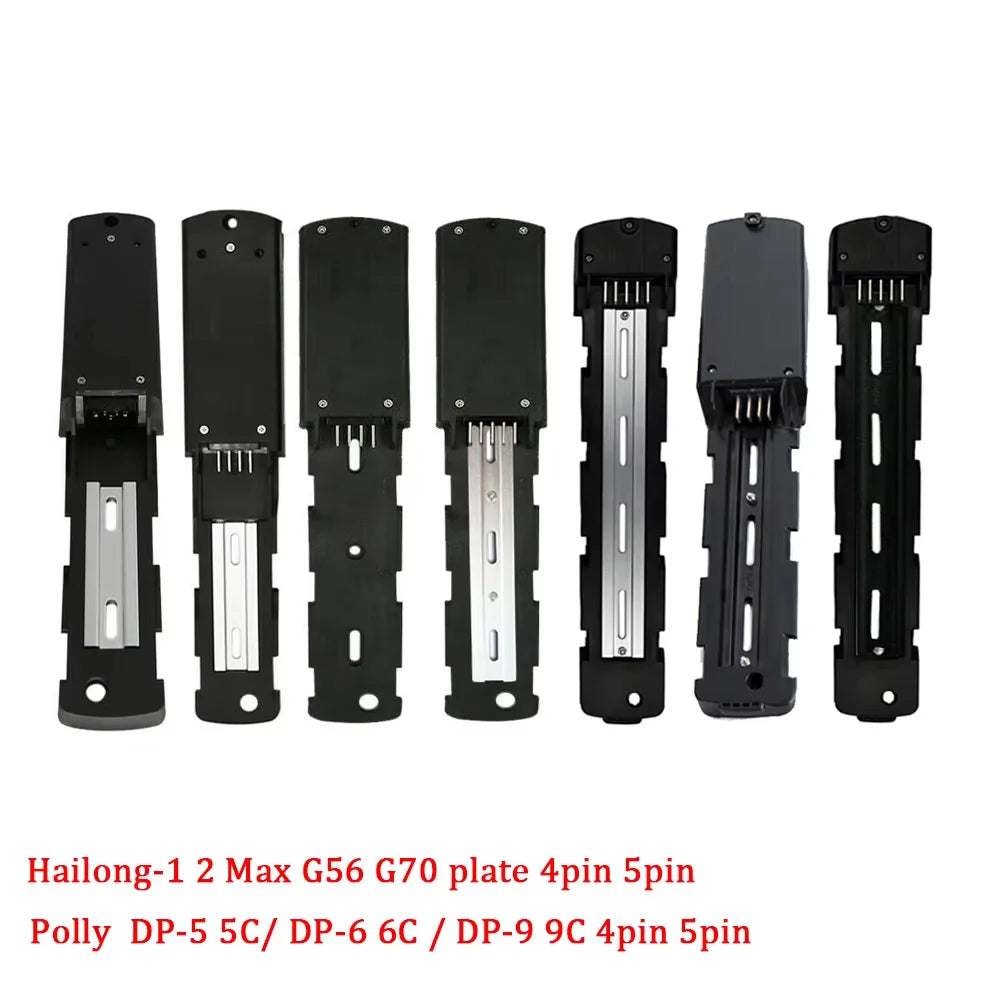 Six black electronic mounting brackets or plates shown side by side on a white background, with red text below reading 'Hailong-1 2 Max G56 G70 plate 4pin 5pin' and 'Polly DP-5 5C/ DP-6 6C / DP-9 9C 4pin 5pin'.
