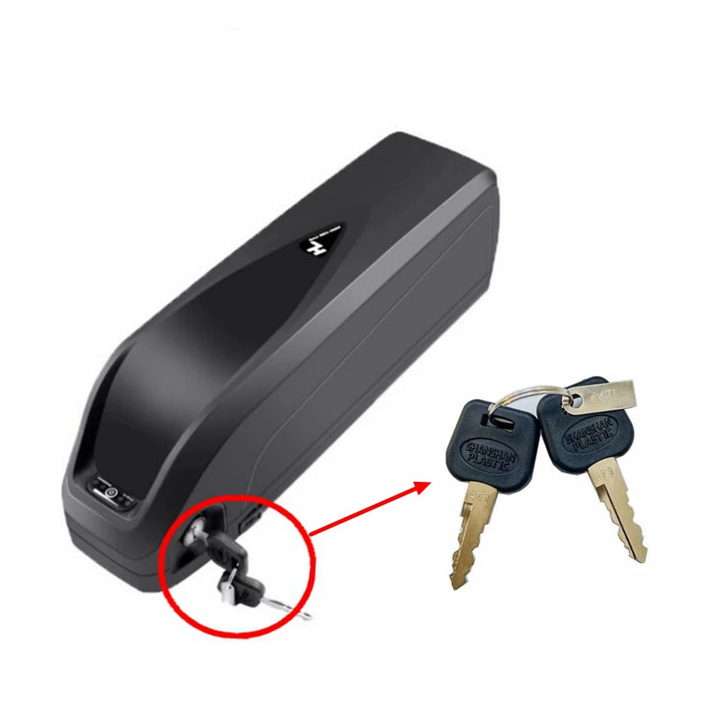 A black electric bicycle battery shown on a white background, with two metal keys and a red circle highlighting the key-in-lock area. The brand name 'CYBERCUBE' is visible on the key fobs.