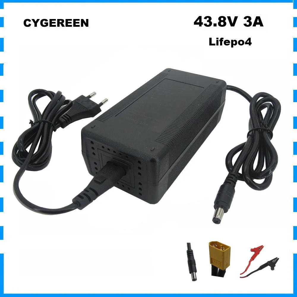 A black CYGEREEN 43.8V 3A Lifepo4 power adapter with a European plug and a barrel connector, shown on a white background with blue borders and text overlays.