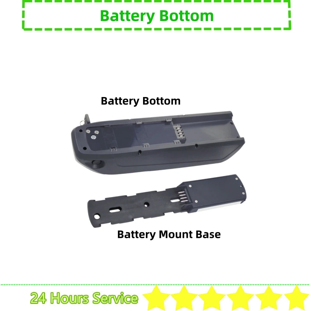 Battery bottom and battery mount base on a white background with text indicating 'Battery Bottom' and '24 Hours Service' rating.