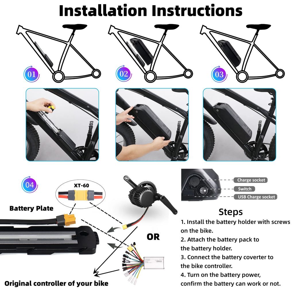 Step-by-step installation instructions for a bike battery pack on a white background