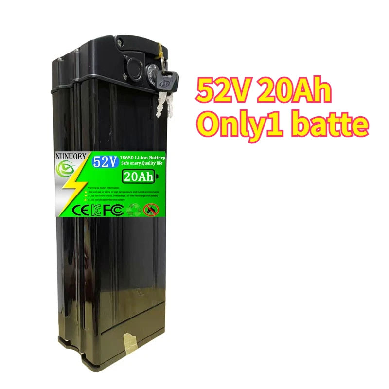 A tall black rectangular lithium-ion battery with a green and white label reading 52V 20AH, shown on a white background with orange text that says 52V 20Ah Only1 batte.