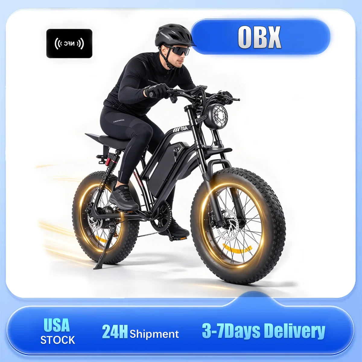 OBX A05 retro-style fat tire electric bike with removable 48V 15Ah battery, 20-inch fat tires, dual suspension and NFC access
