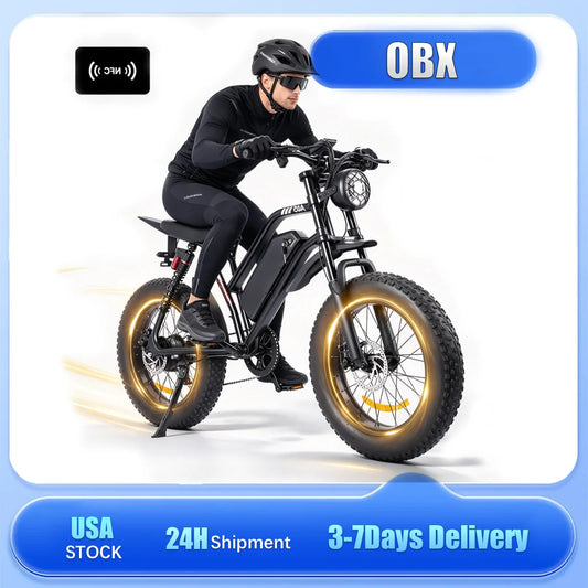 OBX A05 retro-style fat tire electric bike with removable 48V 15Ah battery, 20-inch fat tires, dual suspension and NFC access
