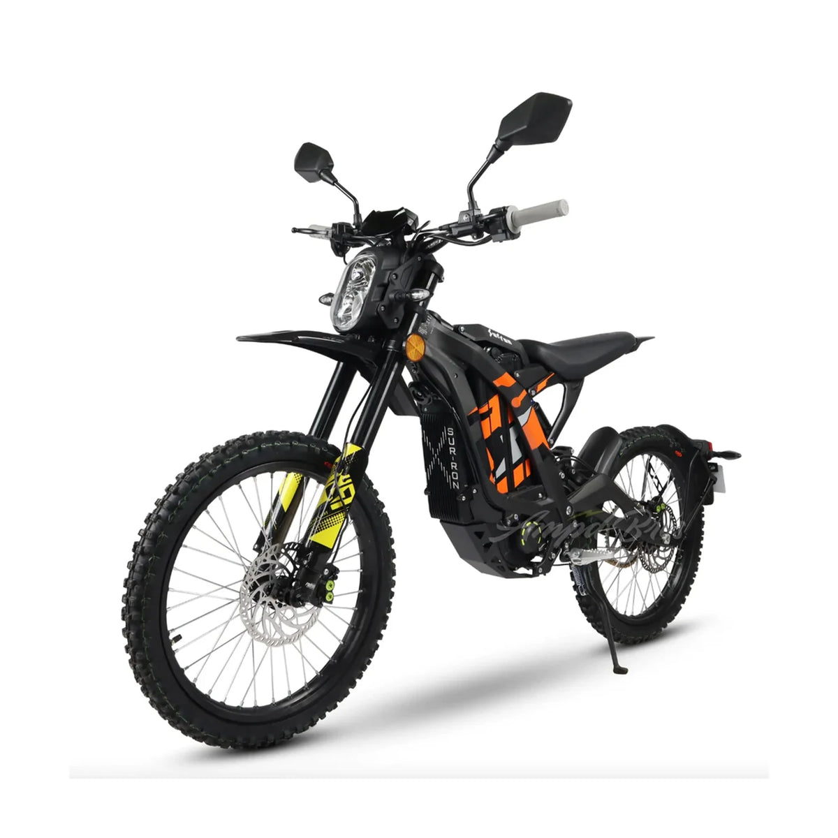 Black electric bike with orange accents on a white background