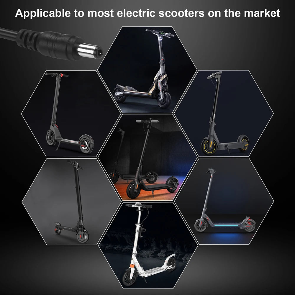 Promotional graphic showing a black electric scooter adapter cable at the top and multiple hexagonal panels below displaying different electric scooter models in dark settings. White text at the top reads, 'Applicable to most electric scooters on the market.