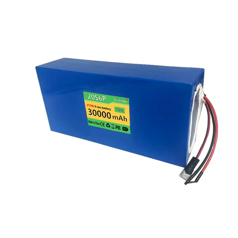 A blue rectangular lithium-ion battery with a green and yellow label indicating 20S6P and 30000 mAh, featuring red and black wires with a connector on the right side, set against a plain white background.