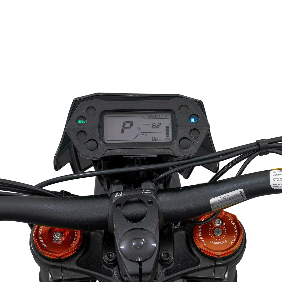 Close-up of a motorcycle handlebar with digital instrument cluster on a white background