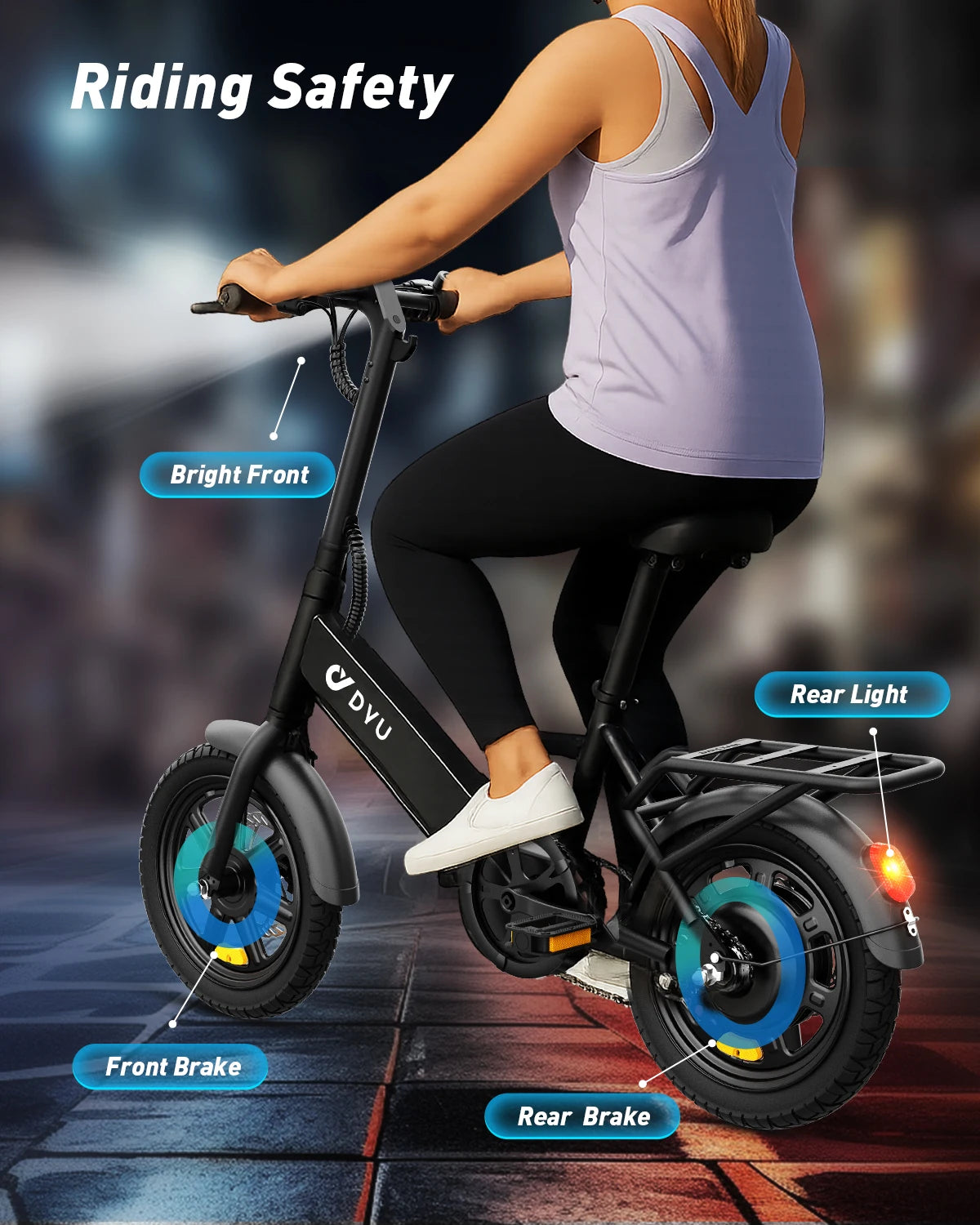 Person riding an electric scooter with labeled safety features on a blurred background