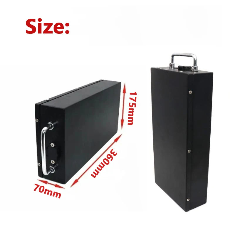 Black rectangular metal storage box or battery with a top handle, shown from two angles on a white background with red dimension labels indicating 360mm length, 175mm height, and 70mm depth.