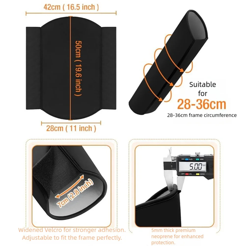 Black bike seat cover with measurements and features on a white background