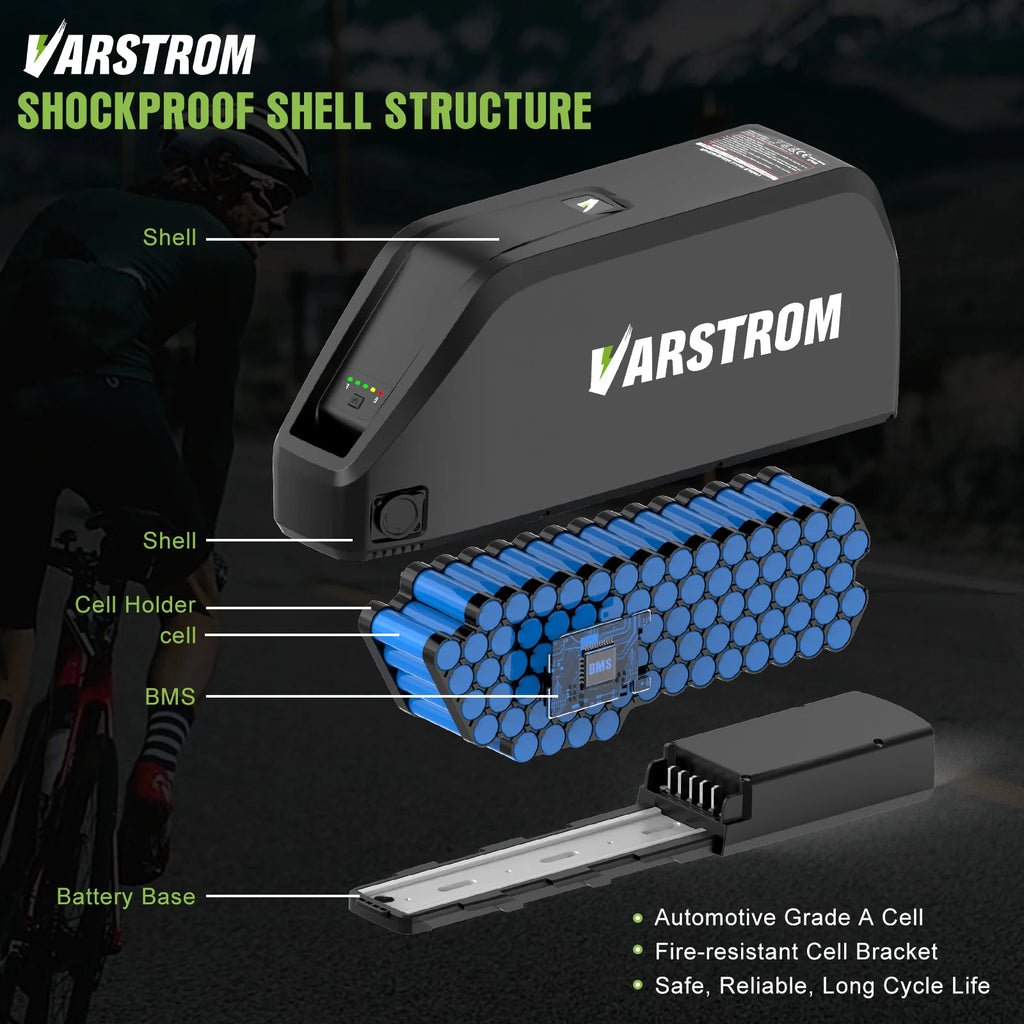 Varstrom battery pack with labeled components on a dark background