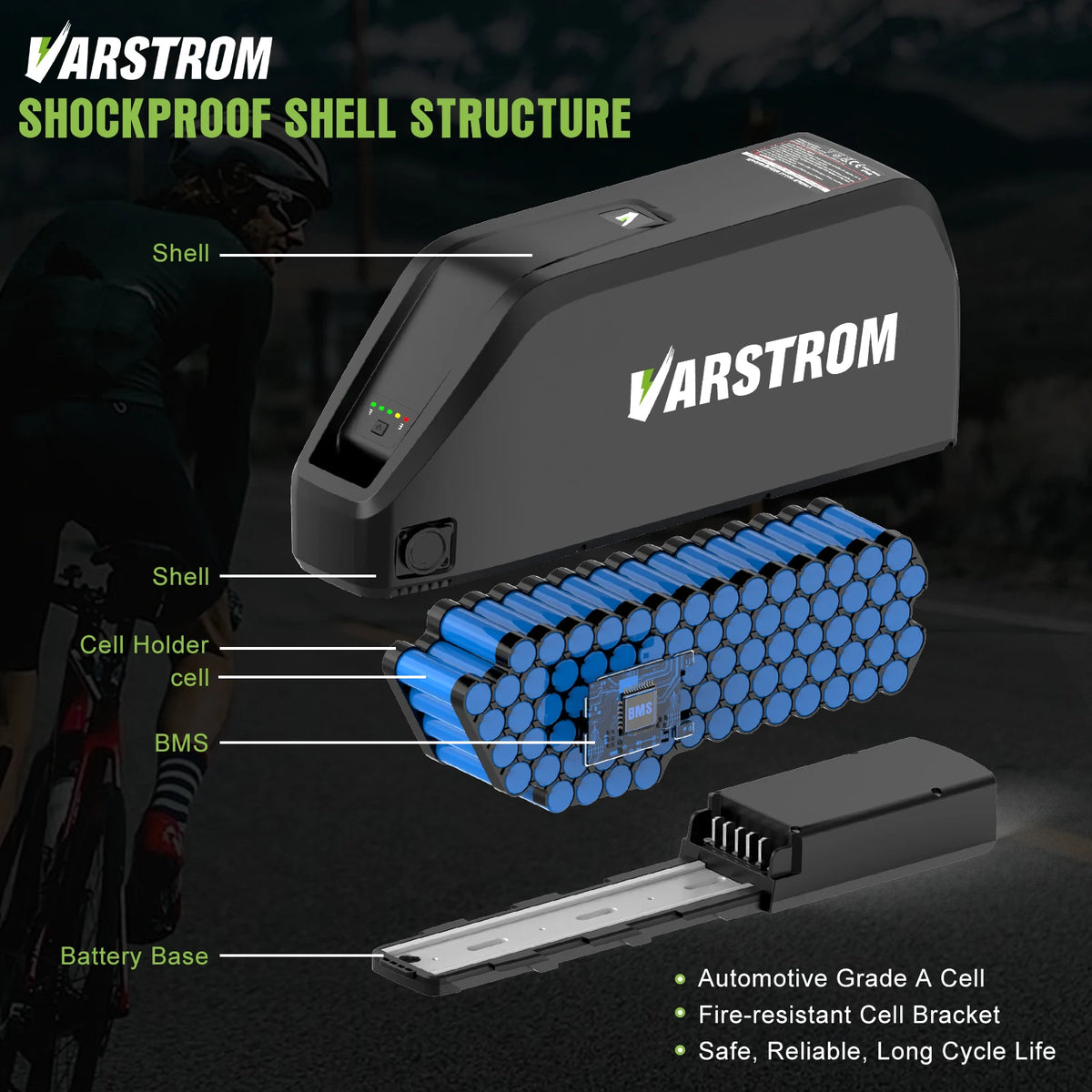 Varstrom battery pack with labeled components on a dark background