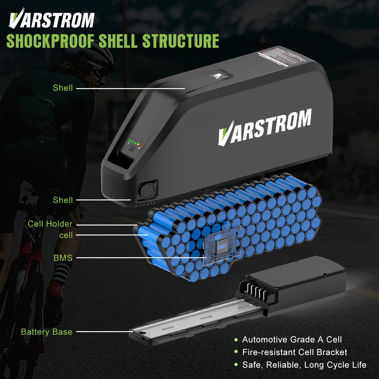 Varstrom battery pack with labeled components on a dark background