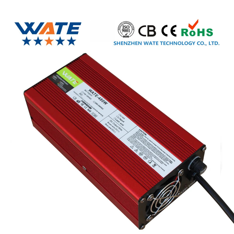 A red WATE 1400W DC-DC power supply unit with a ribbed aluminum housing, a white product label, and a cooling fan on the end, shown on a white background with certification logos and the WATE brand logo.