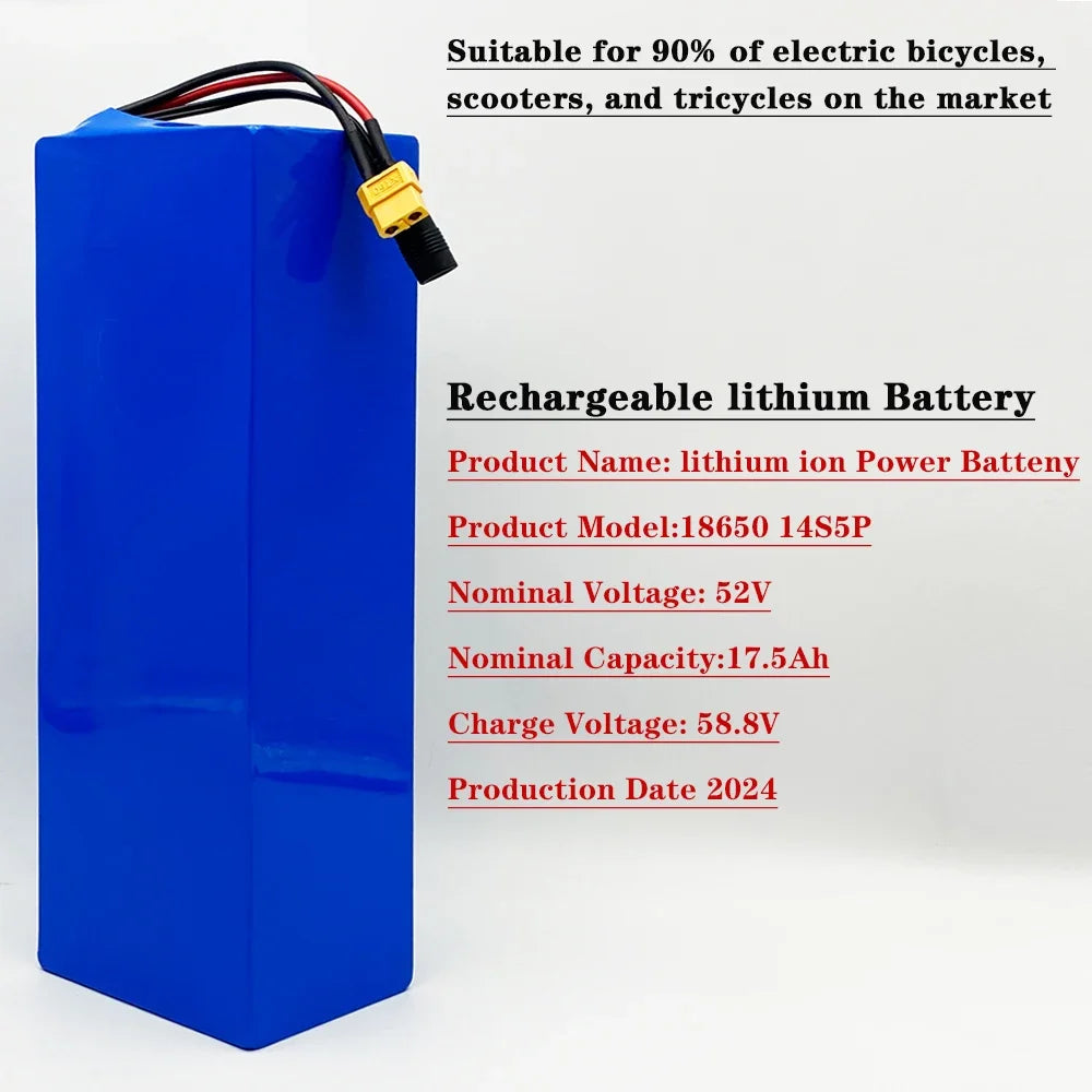A blue rectangular rechargeable lithium-ion power battery with attached black, red, and gold wires, shown on a white background with product specifications text.